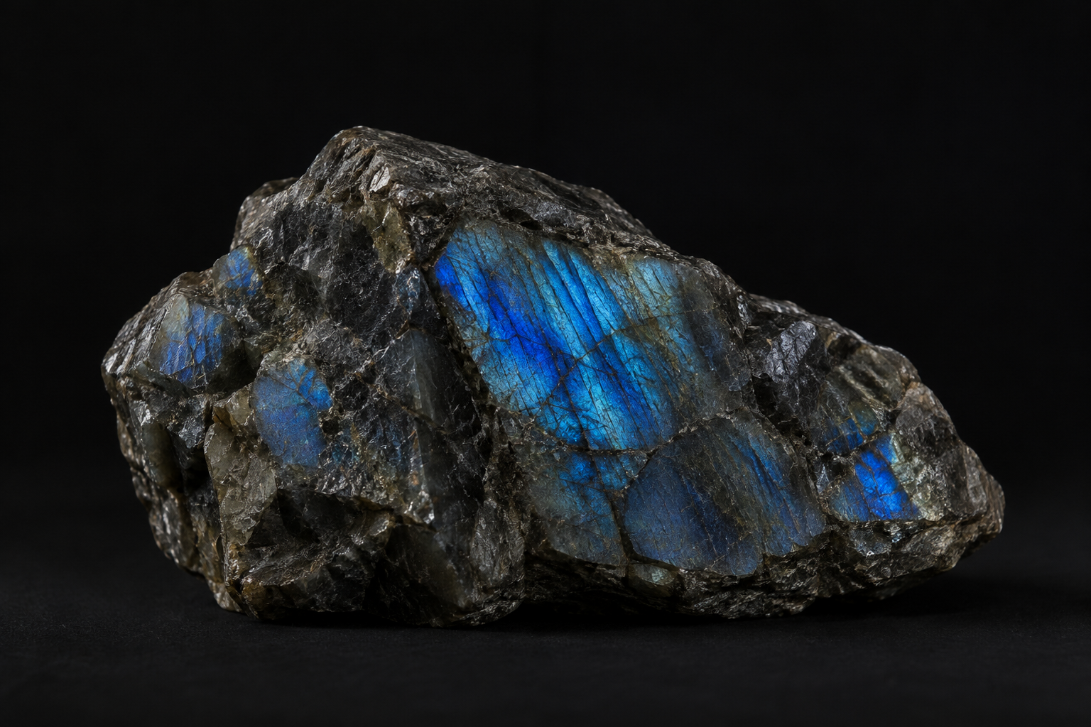 Illustrative dark mineral specimen with blue iridescence